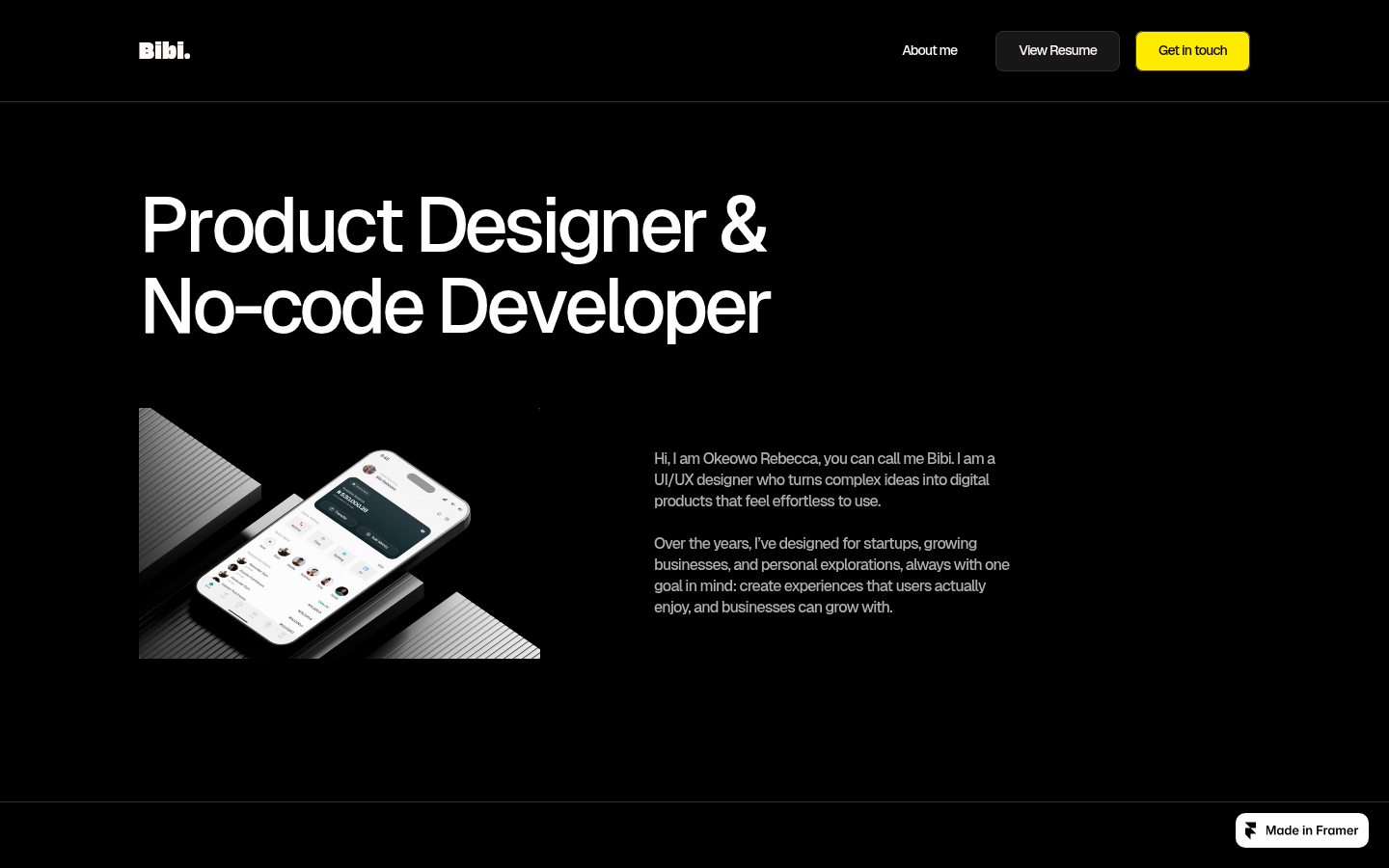 Rebecca Boluwatife's minimal Framer portfolio site