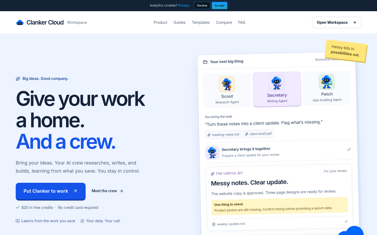 Clanker Cloud: landing page for an AI workspace