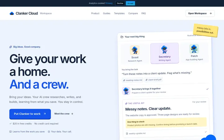 Clanker Cloud：AI Workspace 落地页