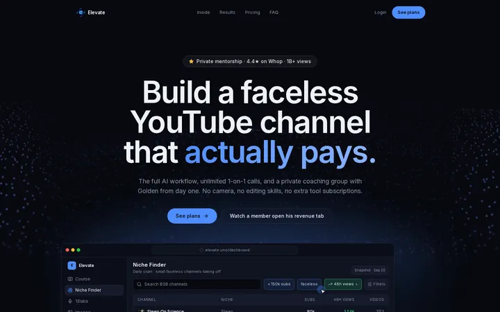 Elevate ships dark landing page for faceless YouTube AI workflow