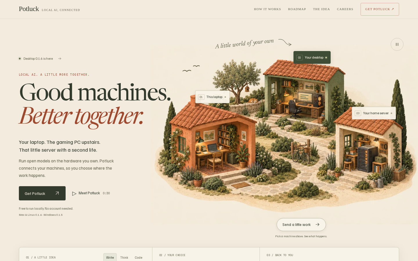Potluck's landing page links local machines into a small-community AI setup
