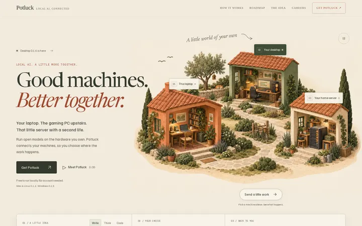Potluck's landing page links local machines into a small-community AI setup