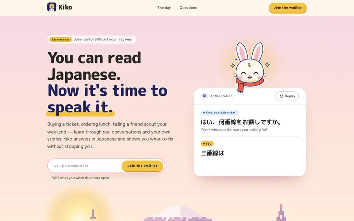 Kiko launches pastel landing page for AI Japanese speaking practice