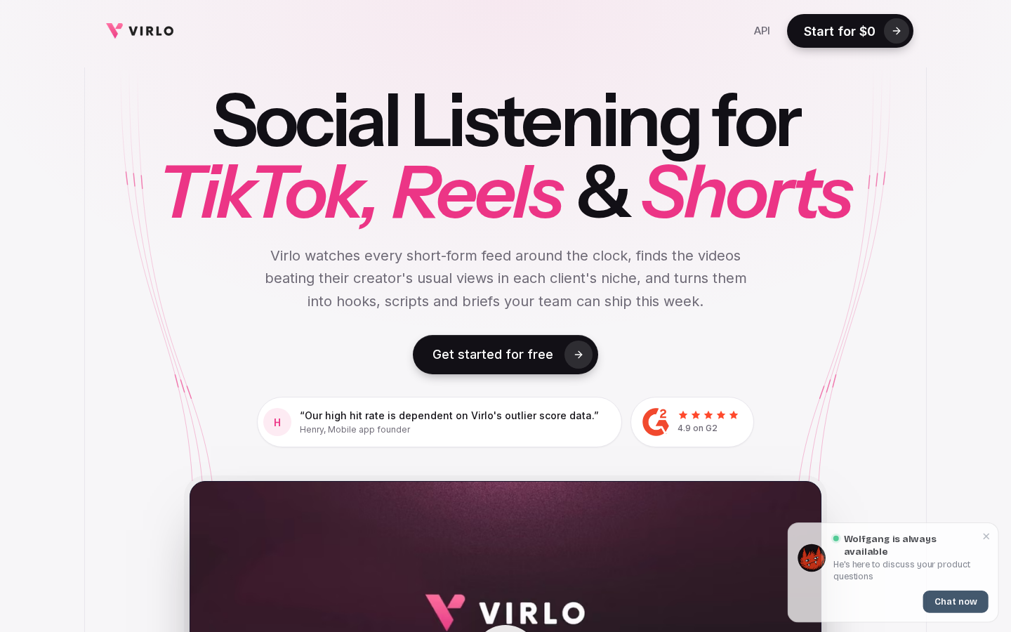 Virlo: a pink-and-white minimal landing page for social video monitoring