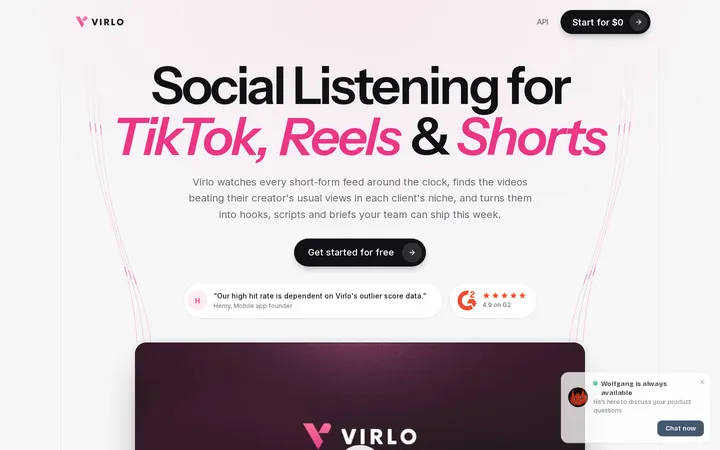 Virlo: a pink-and-white minimal landing page for social video monitoring