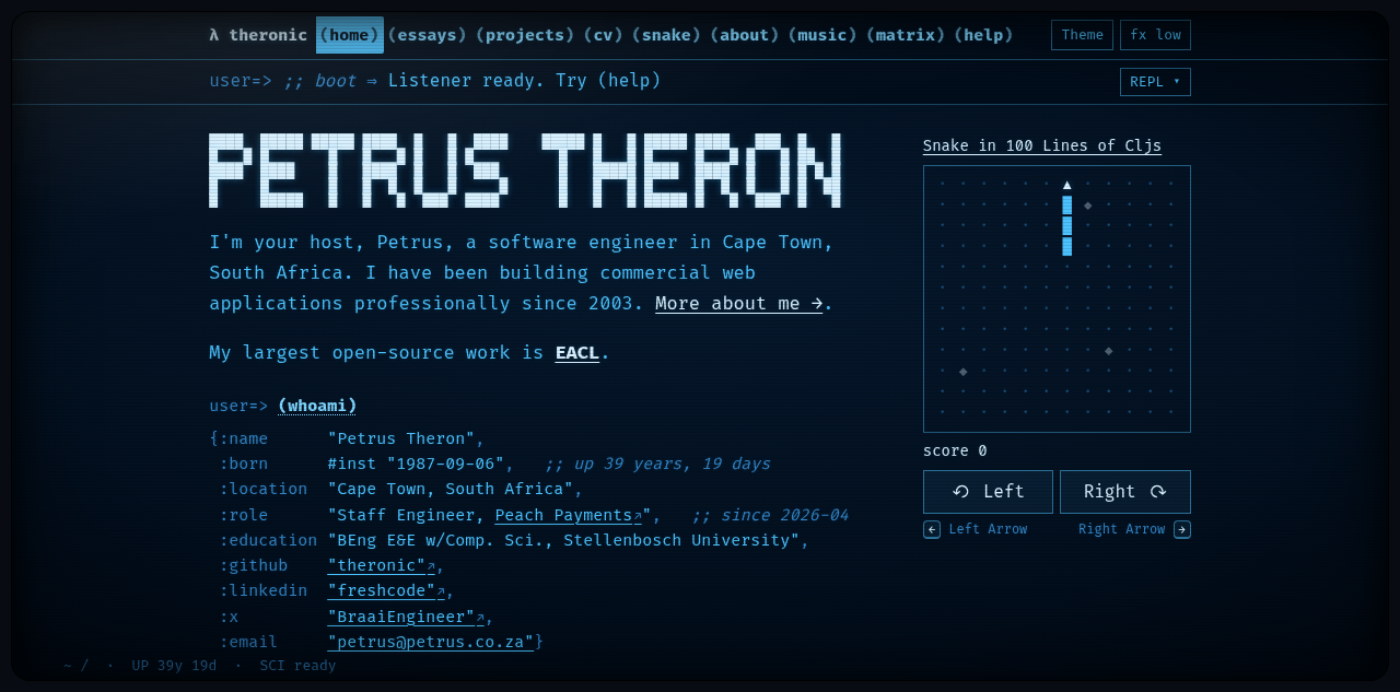 Petrus Theron 把个人网站做成 LISP 机器