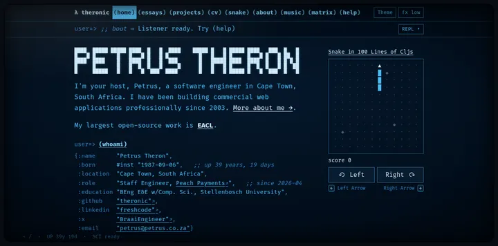 Petrus Theron 把个人网站做成 LISP 机器