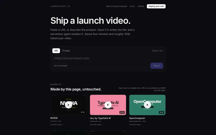 LaunchVideo turns a pasted URL into a launch film using Opus 5.5 and code rendering