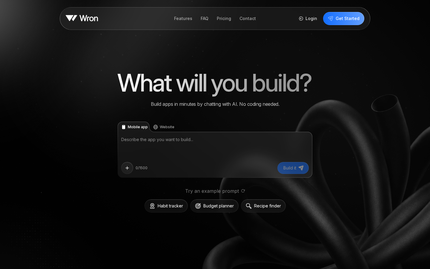Wron:聊天就能做 App 的暗色 3D 落地页