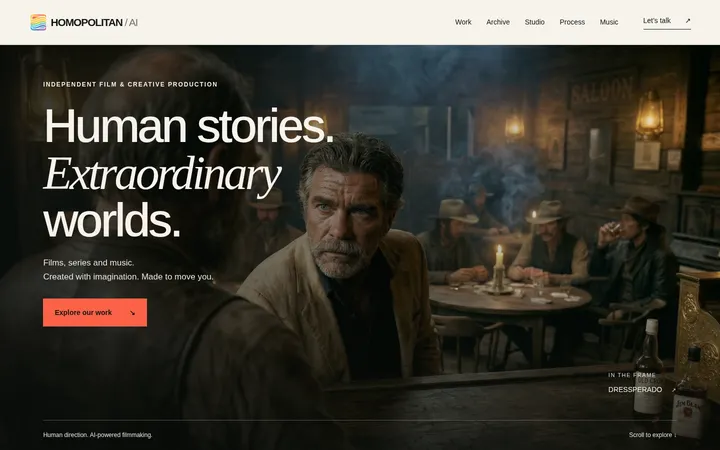 Homopolitan: an AI production studio site framed by Western saloon stills