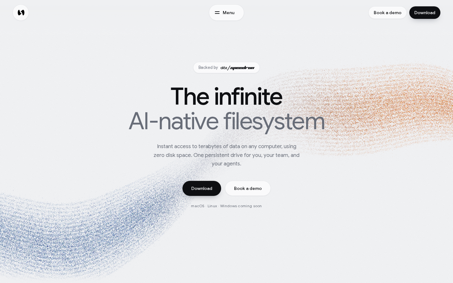 Space: an infinite AI file system over a blue-orange dot wave