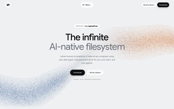 Space: an infinite AI file system over a blue-orange dot wave