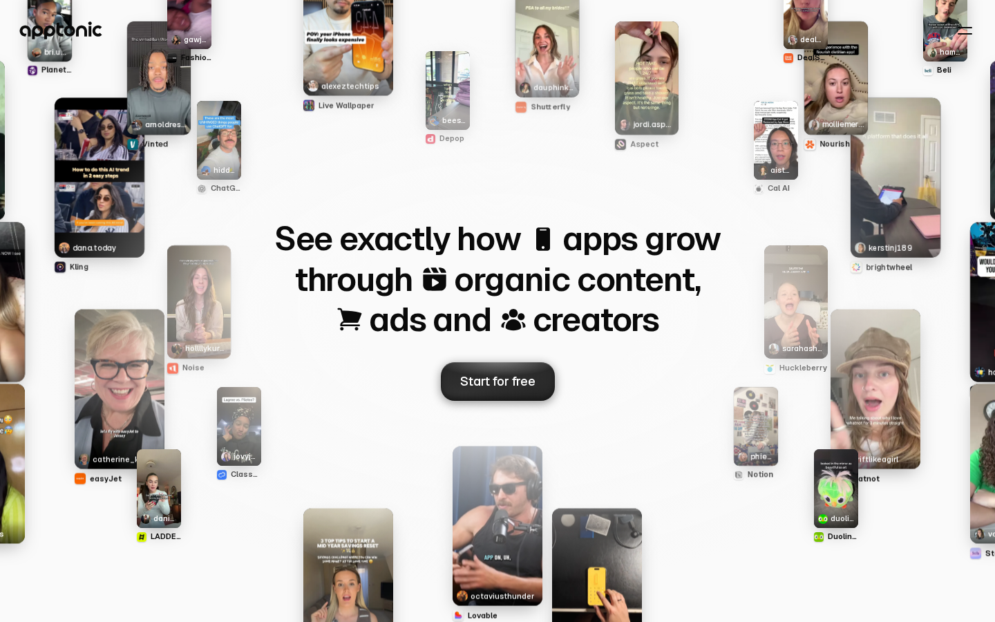 Apptonic: a short-video collage landing page for app growth intel