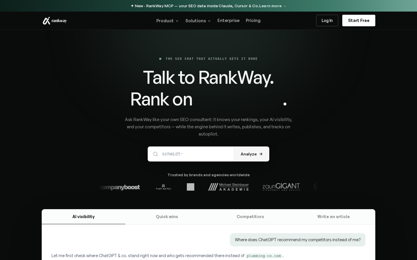 RankWay:青绿光晕里的 SEO 对话工作台