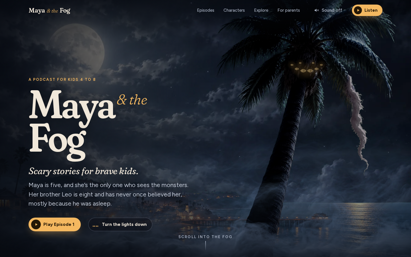Maya & the Fog: a kids' podcast site on a moonlit palm shore