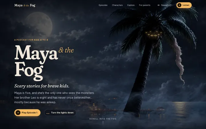 Maya & the Fog: a kids' podcast site on a moonlit palm shore