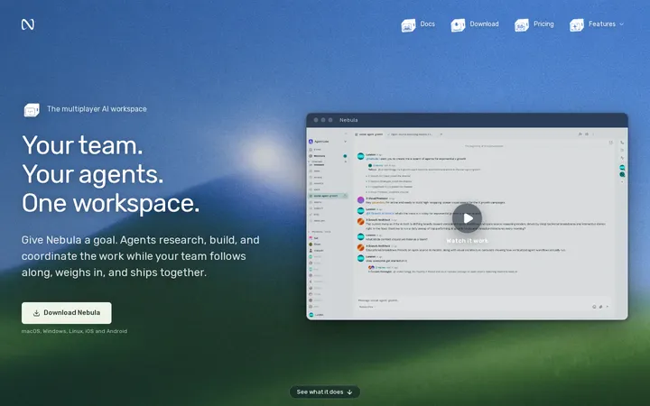 Nebula: a multiplayer AI workspace over a teal meadow