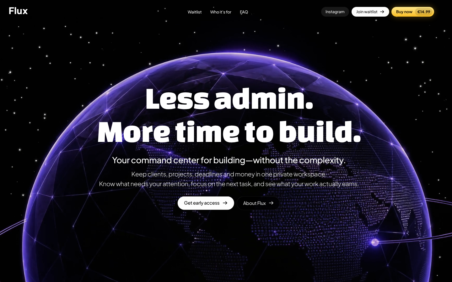Flux: a builder's console on a purple wireframe planet