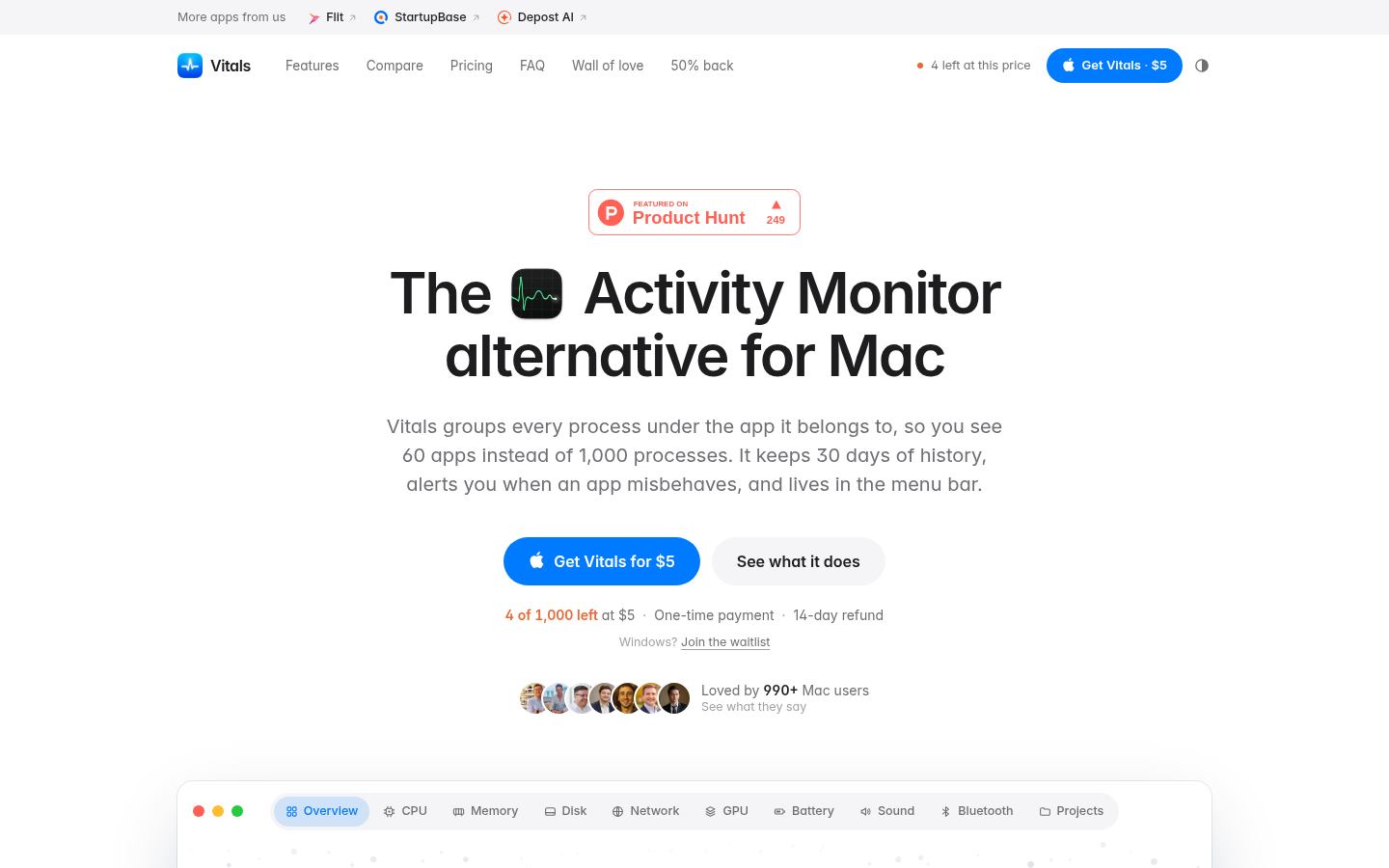 Vitals: a Mac activity monitor with a heartbeat line on white