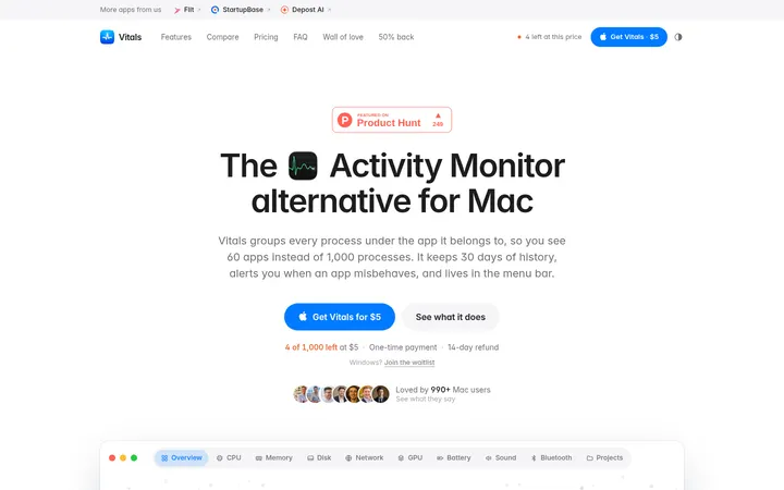 Vitals：白底心跳线的 Mac 活动监视器