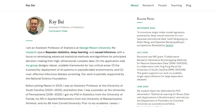 统计学者 Ray Bai 个人站重新上线