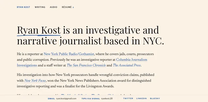 纽约调查记者 Ryan Kost 的报刊风个人站