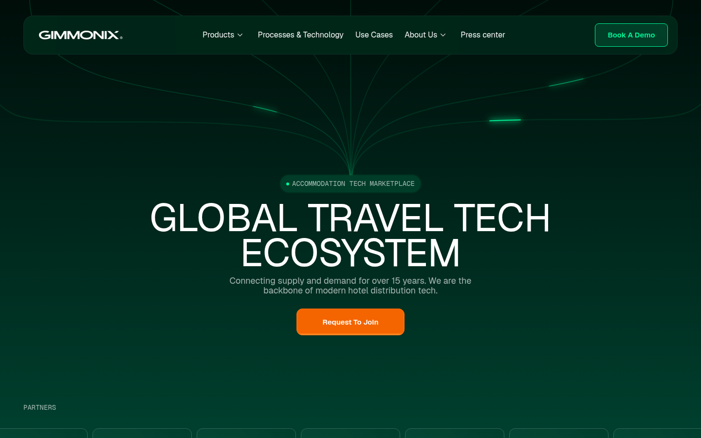Gimmonix: dark green hotel distribution site with neon line accents