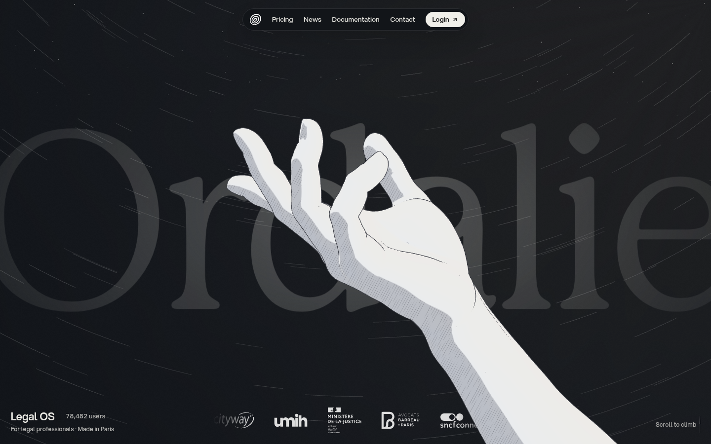 Ordalie: line-drawn star-trail illustration and dark card wall for a French legal AI Legal OS