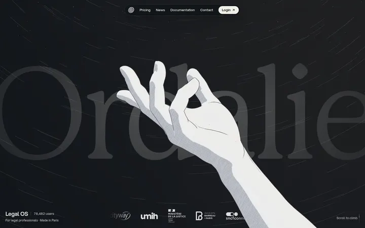 Ordalie：伸手星轨插画与暗色卡片墙的法国法律 AI Legal OS 官网