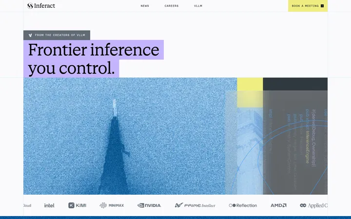 Inferact's inference infra site pairs serif headlines with lavender and neon green accents