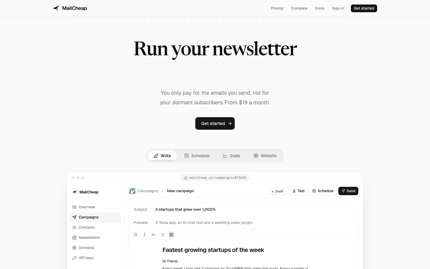 MailCheap:衬线比价标题与点阵底的极简 newsletter 工具官网