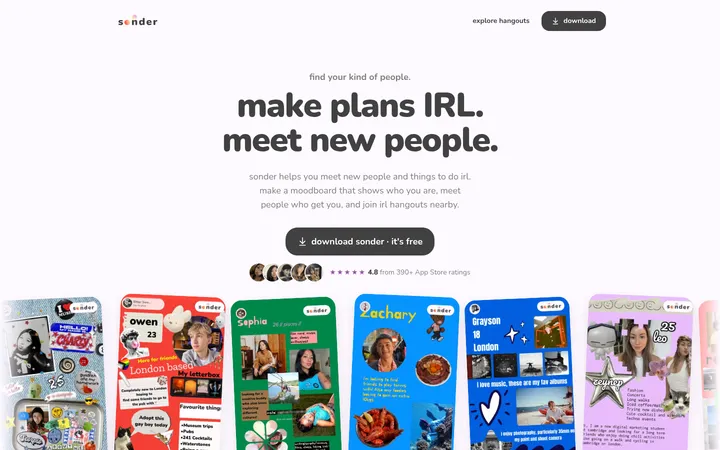 Sonder：白底大字与彩色拼贴 Moodboard 卡的社交 hangout 官网