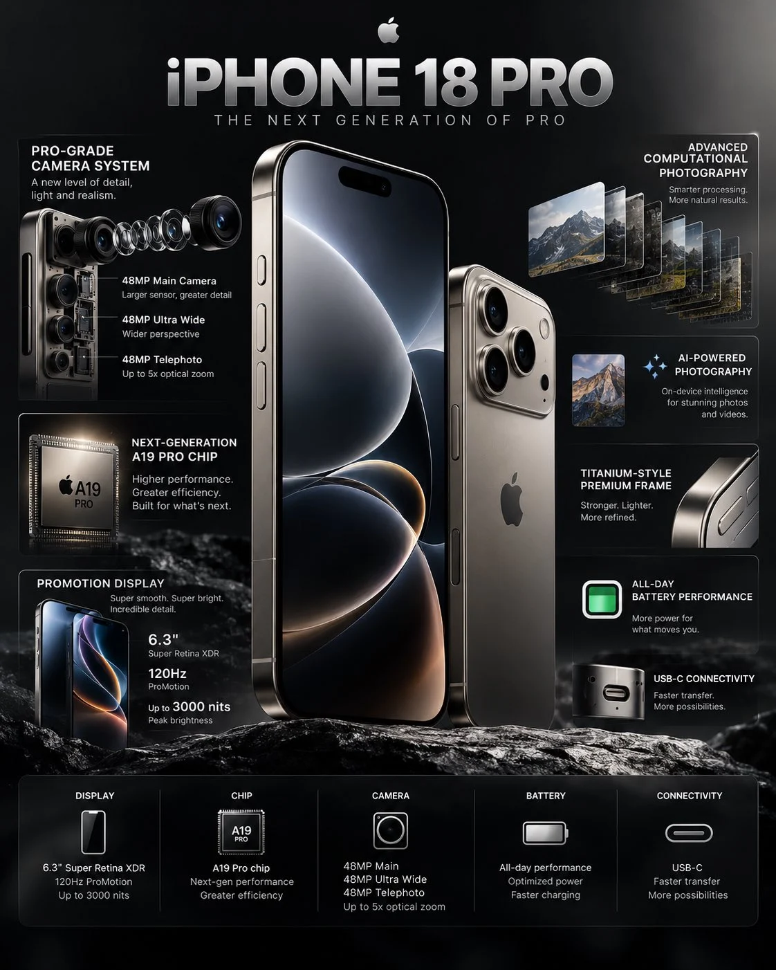AI 生成的“iPhone 18 Pro”产品信息图:黑底、居中手机、四周标注线、顶部标题和底部规格条;图里的芯片和参数是模型编的,不是真实规格