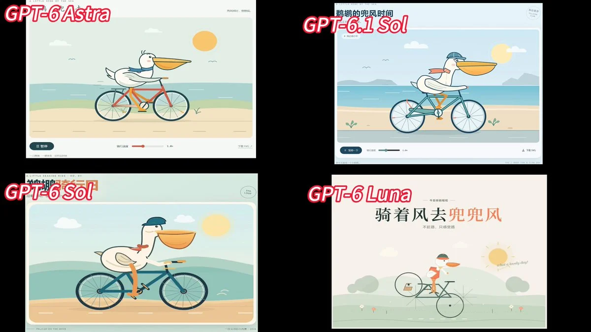 同一条 SVG 动画提示词在 Codex 里跑 GPT-6 Astra、GPT-6.1 Sol 等模型,记录用时和 5 小时额度消耗