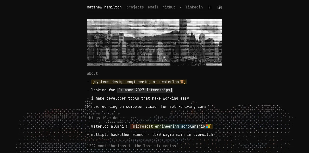 matthewhamilton.dev:黑底终端风,顶部是像素化城市天际线,下面是经历列表