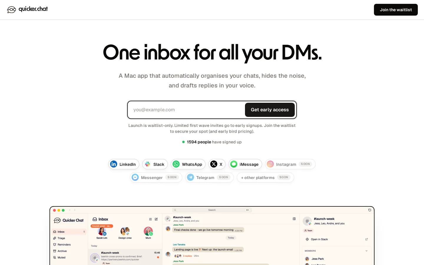 quicker.chat 首屏:六个词的标题、预选中的邮箱框、实时报名计数,下面是真实应用截图