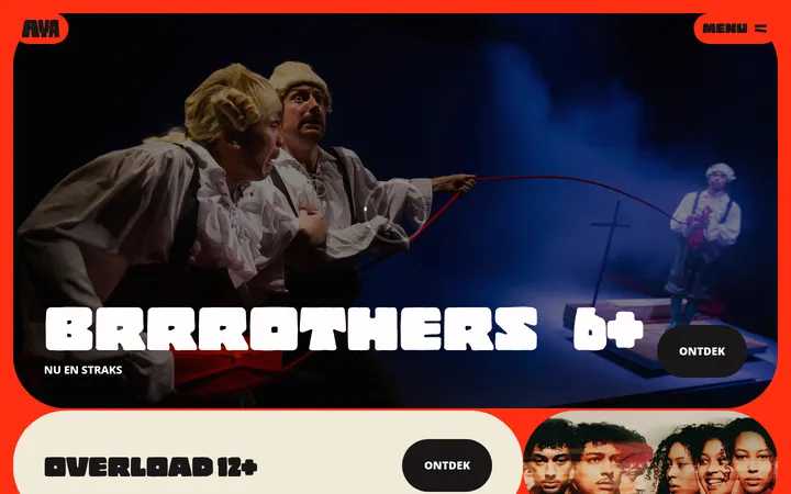 Danstheater AYA：红橙圆角卡片与荧光黄胶囊标签的荷兰青少年舞蹈剧场官网