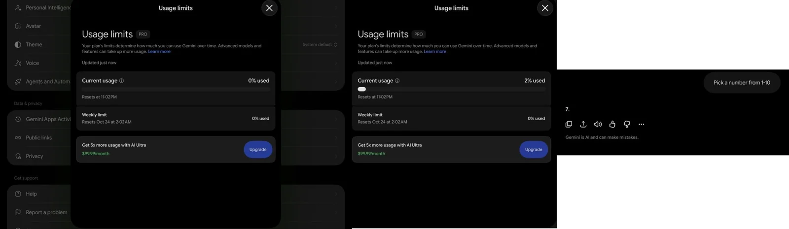 Gemini App 用量页两张截图:发出“从 1 到 10 选个数”前后,Pro 的当前用量从 0% 变成 2%,每周限额仍为 0%