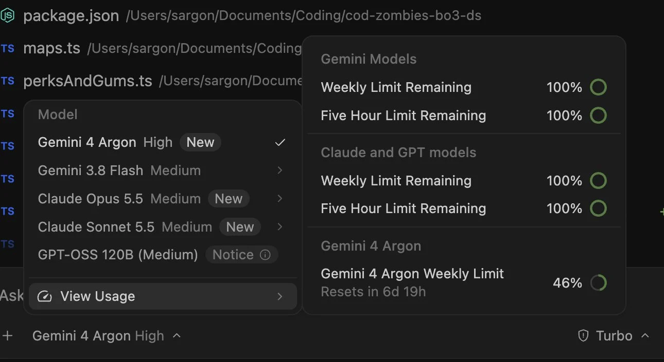 Antigravity 用量面板截图:Gemini 4 Argon 只有一项周额度,显示 46%,与 Gemini 模型、Claude 和 GPT 模型的额度分开计算