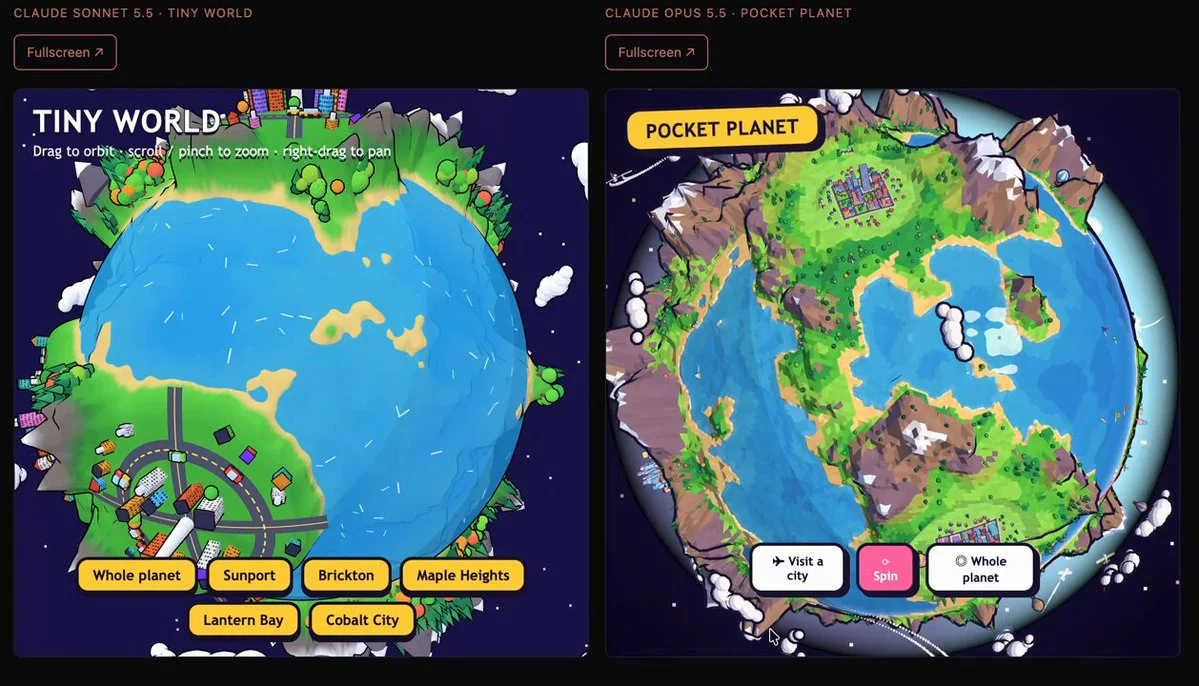 同一提示做出的 3D 小星球:左边 Sonnet 5.5 的“Tiny World”,右边 Opus 5.5 的“Pocket Planet”,Opus 的地形和城市更密