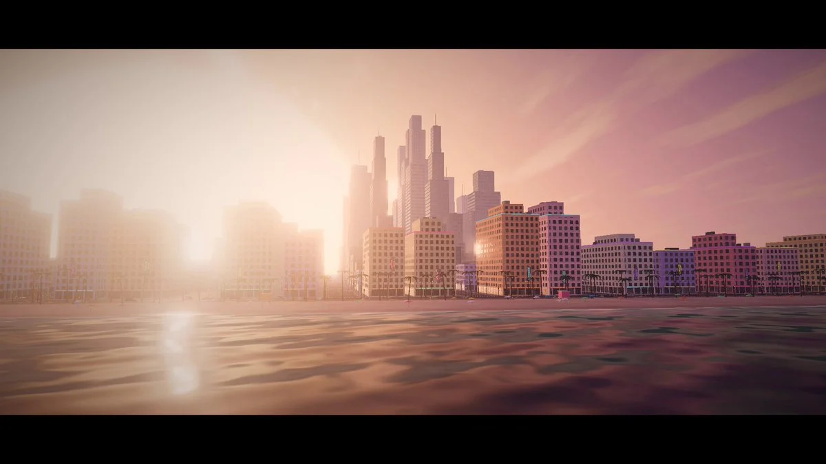 NEON BAY 视频封面:夕阳下的海面和远处的高楼群,作者称这座 GTA 式城市由 Opus 5.5 用 2 个任务、1 小时 46 分做出