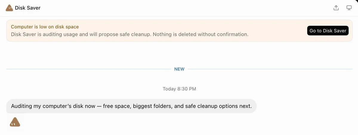 Grok Bot 应用里的提示“Computer is low on disk space”:Disk Saver 正在检查磁盘并会提出安全清理方案,未经确认不删除任何东西