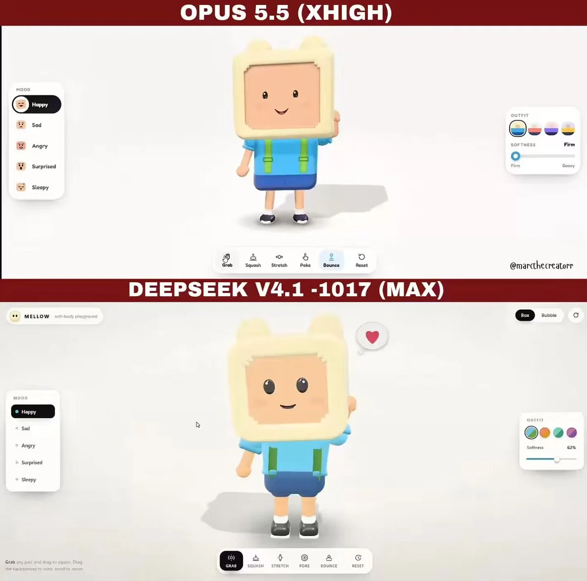 同一提示词做的角色动画:上为 Opus 5.5(xhigh),下为 DeepSeek V4.1-1017(max)(视频封面)