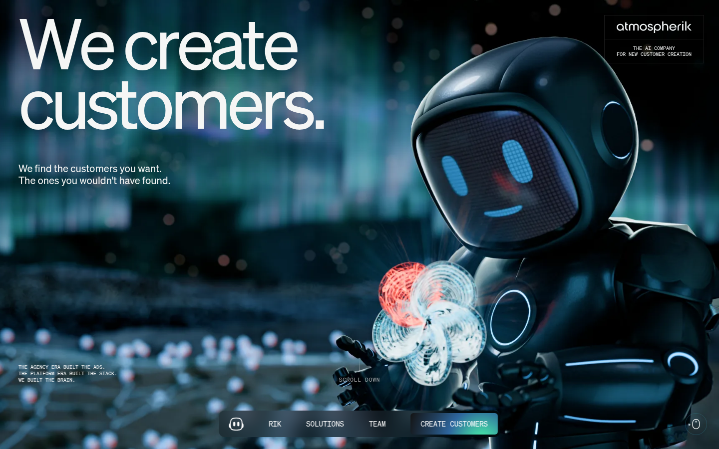 Atmospherik:手作短片开场与极光粒子滚动叙事的 AI 获客公司官网