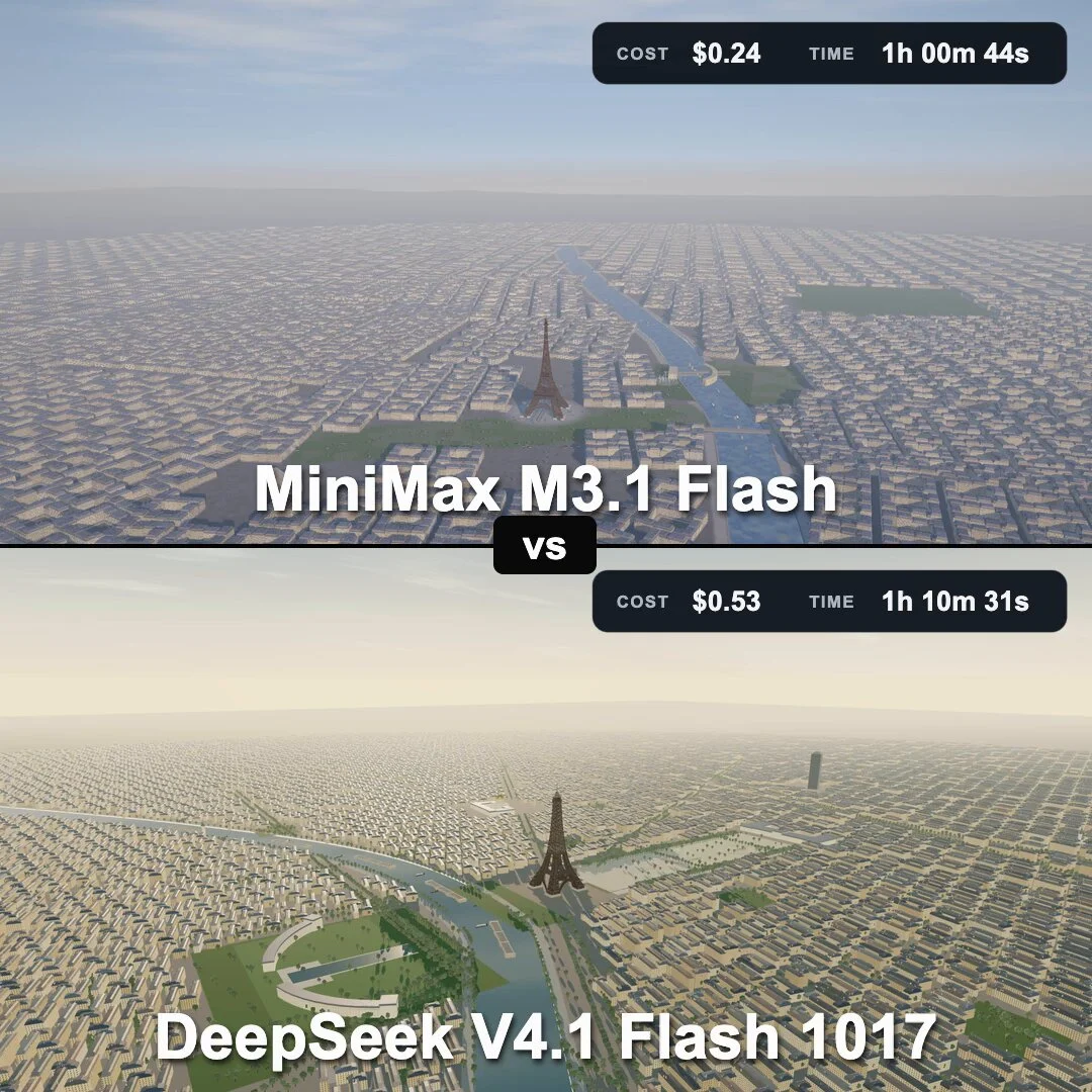 埃菲尔铁塔场景:上为 MiniMax M3.1 Flash,$0.24、1 小时 0 分 44 秒;下为 DeepSeek V4.1 Flash 1017,$0.53、1 小时 10 分 31 秒(视频截帧)