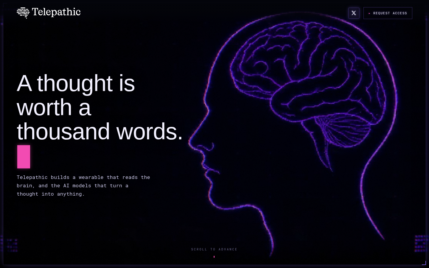 Telepathic：黑底霓虹脑线稿的意念交互 AI 官网