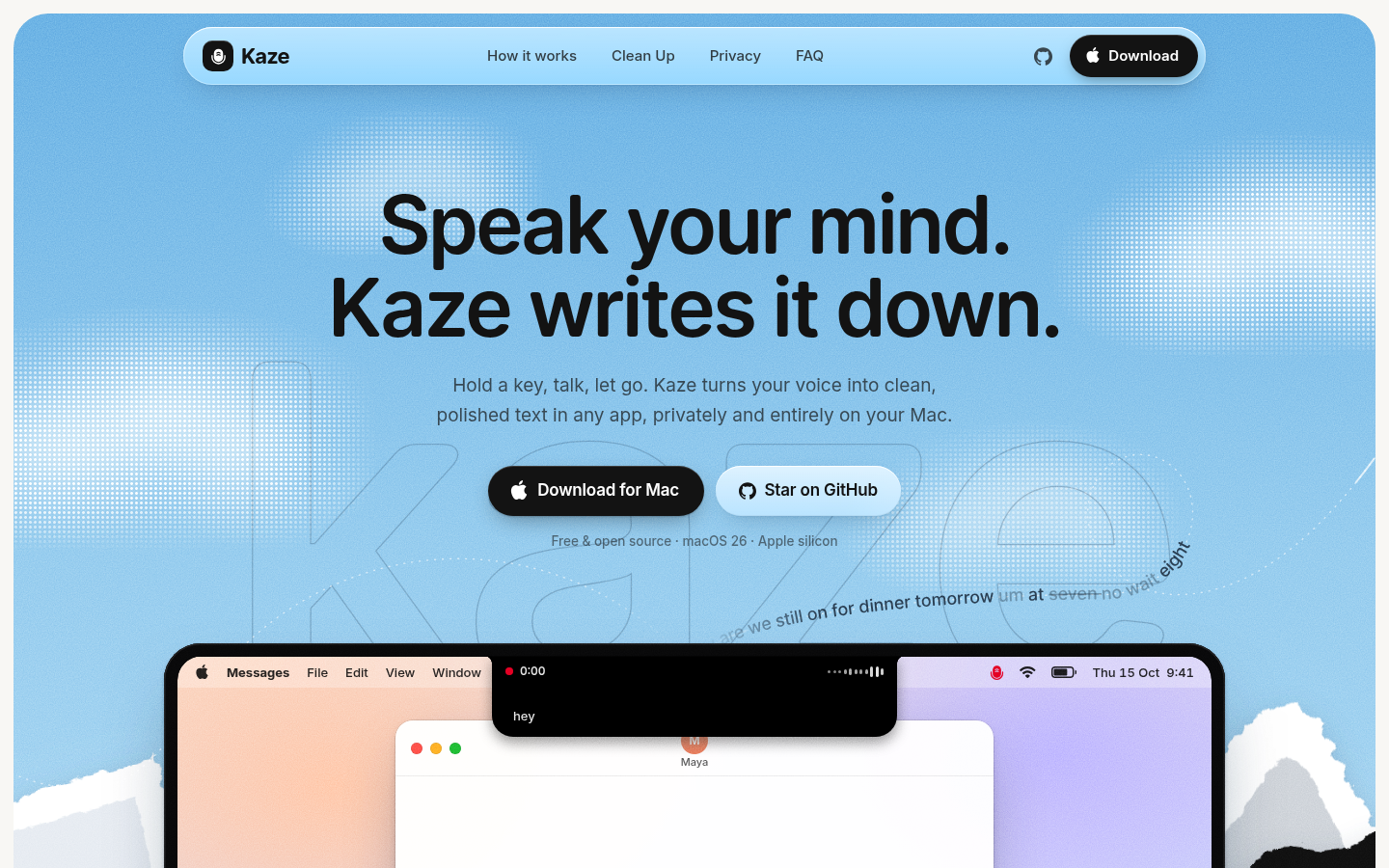 Kaze:天蓝渐变配柔和卡片的语音转文字 Mac 应用官网