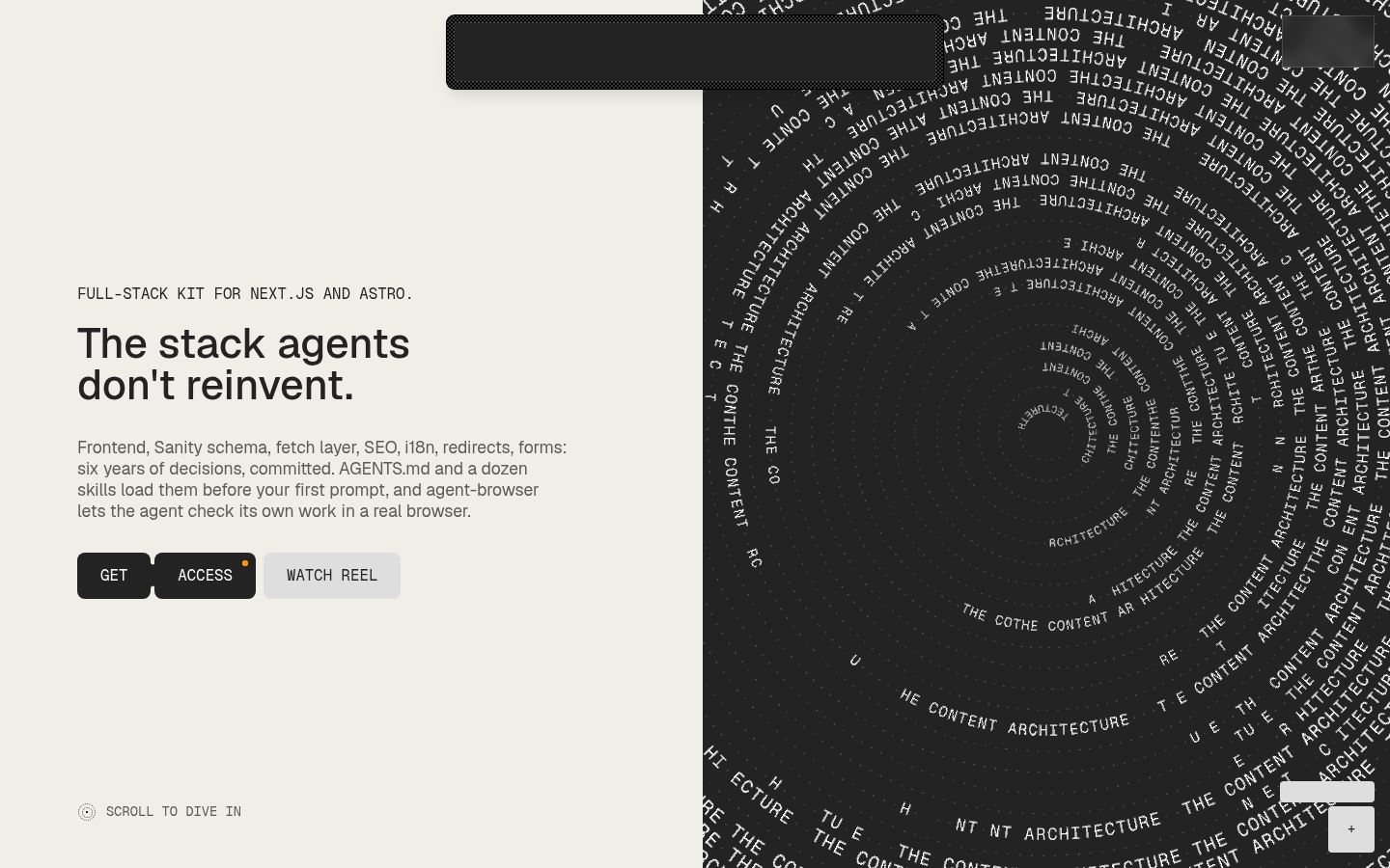 The Content Architecture：螺旋排版配 ASCII 动效的 Agent 友好建站套件官网