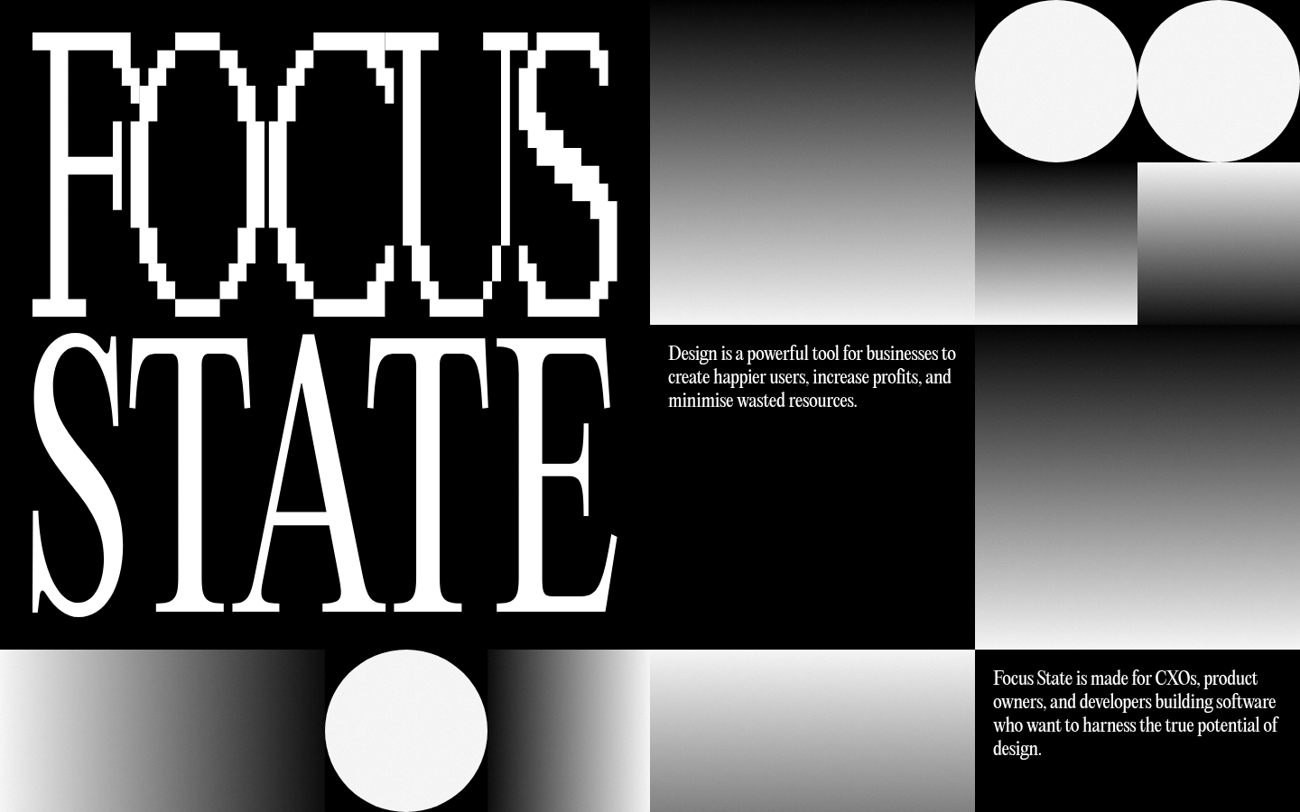 Focus State：像素粗体大字配红蓝几何圆的设计播客官网