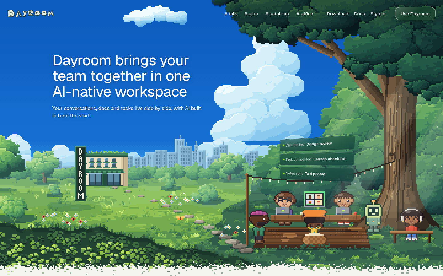 Dayroom:像素风公园大场景配可走进去的虚拟办公室的 AI 团队工作区官网